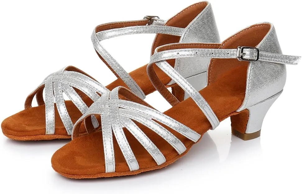 HIPPOSEUS Girls' Standard Latin Dance Shoes Open Toe Ballroom Dance Shoes Low Heel,Model WHXGG