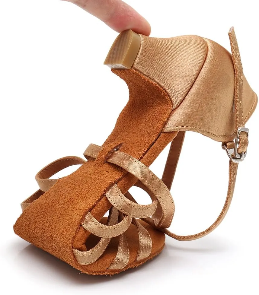 HIPPOSEUS Girls' Standard Latin Dance Shoes Open Toe Ballroom Dance Shoes Low Heel,Model WHXGG
