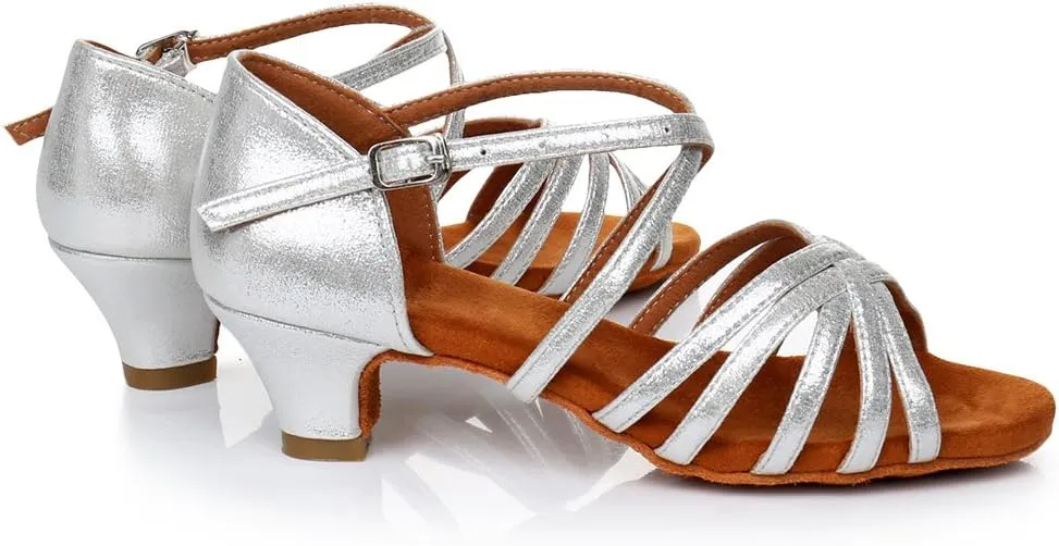 HIPPOSEUS Girls' Standard Latin Dance Shoes Open Toe Ballroom Dance Shoes Low Heel,Model WHXGG