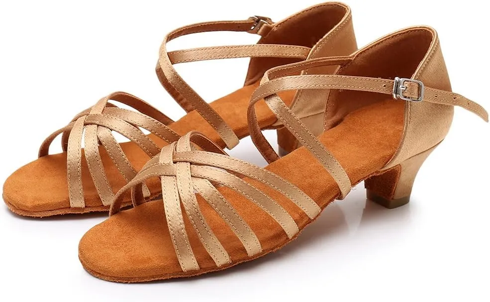 HIPPOSEUS Girls' Standard Latin Dance Shoes Open Toe Ballroom Dance Shoes Low Heel,Model WHXGG