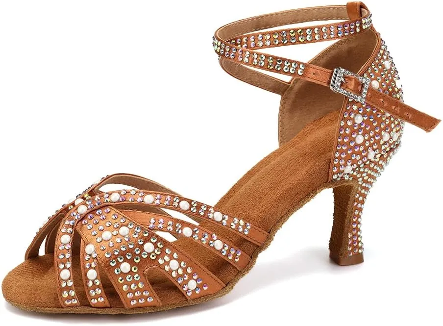 HIPPOSEUS Women's Rhinestone Latin Dance Shoes Open Toe Salsa Bachata Tango Ballroom Practice Perfermence Dance Shoes,Model L506