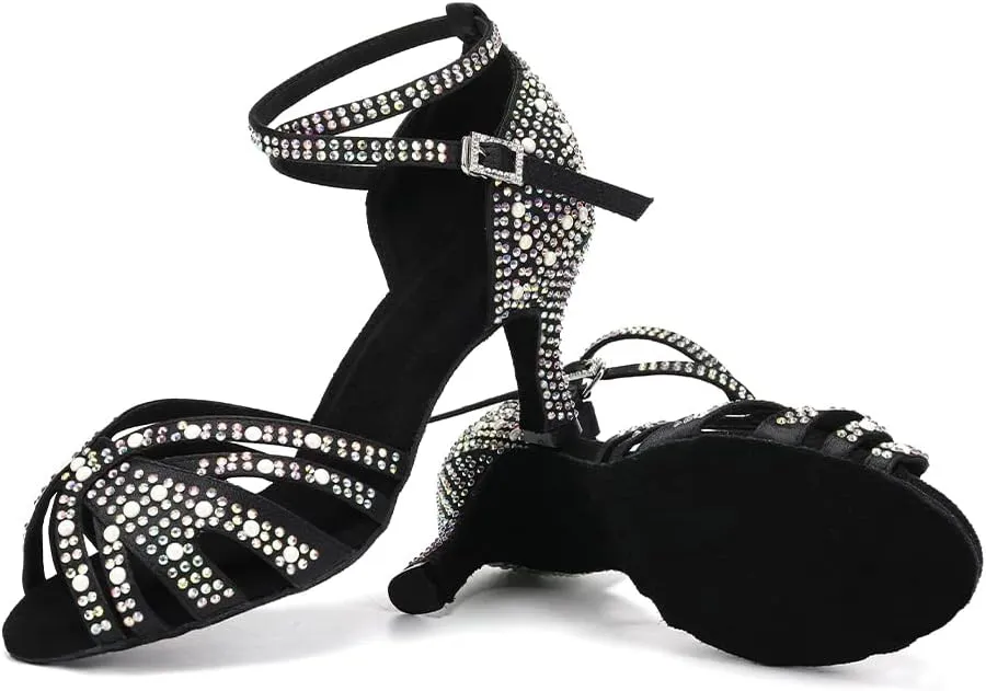 HIPPOSEUS Women's Rhinestone Latin Dance Shoes Open Toe Salsa Bachata Tango Ballroom Practice Perfermence Dance Shoes,Model L506