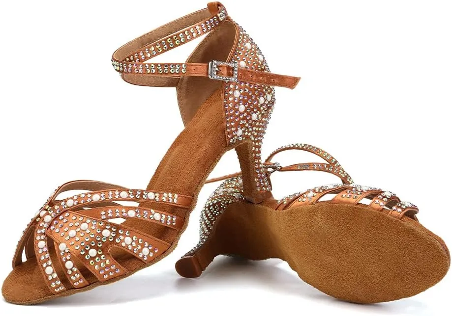 HIPPOSEUS Women's Rhinestone Latin Dance Shoes Open Toe Salsa Bachata Tango Ballroom Practice Perfermence Dance Shoes,Model L506