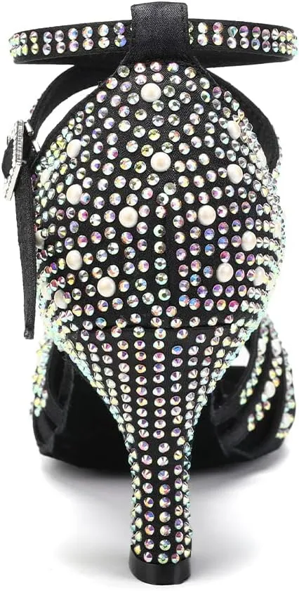 HIPPOSEUS Women's Rhinestone Latin Dance Shoes Open Toe Salsa Bachata Tango Ballroom Practice Perfermence Dance Shoes,Model L506
