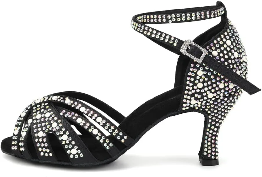 HIPPOSEUS Women's Rhinestone Latin Dance Shoes Open Toe Salsa Bachata Tango Ballroom Practice Perfermence Dance Shoes,Model L506