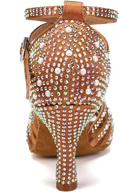 HIPPOSEUS Women's Rhinestone Latin Dance Shoes Open Toe Salsa Bachata Tango Ballroom Practice Perfermence Dance Shoes,Model L506