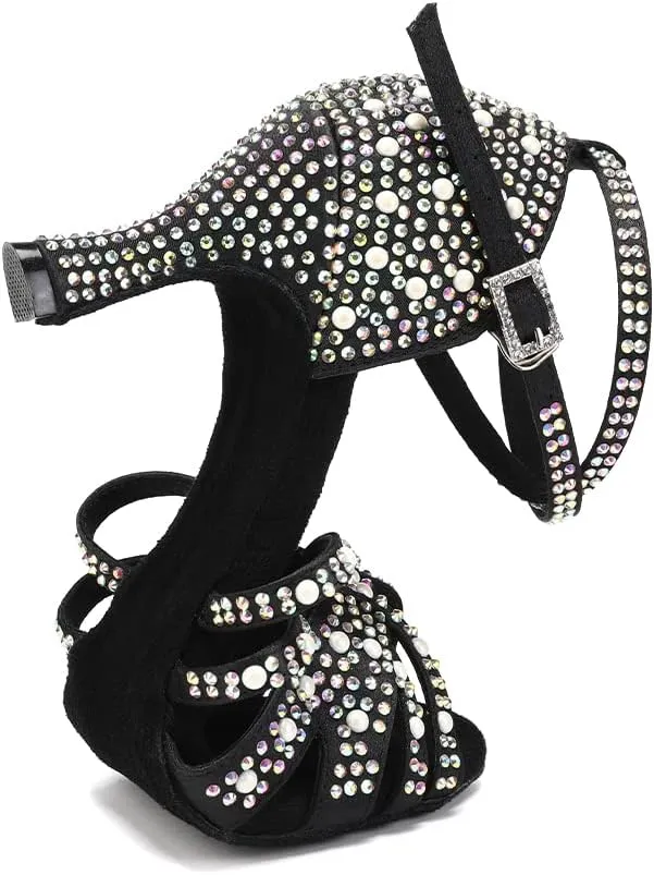 HIPPOSEUS Women's Rhinestone Latin Dance Shoes Open Toe Salsa Bachata Tango Ballroom Practice Perfermence Dance Shoes,Model L506