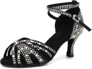 HIPPOSEUS Women's Rhinestone Latin Dance Shoes Open Toe Salsa Bachata Tango Ballroom Practice Perfermence Dance Shoes,Model L506