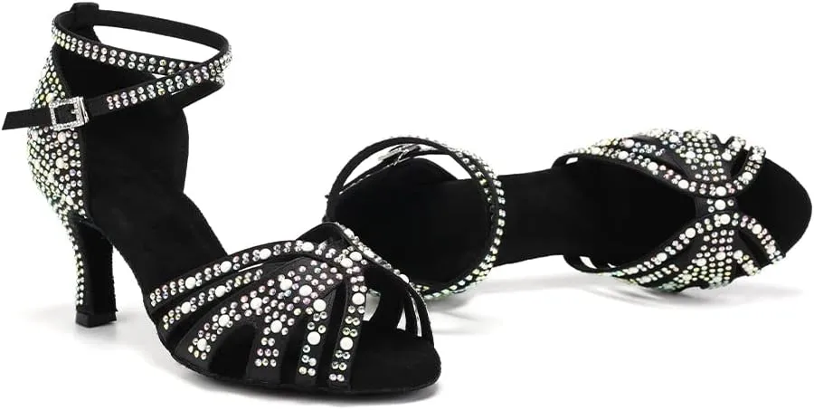HIPPOSEUS Women's Rhinestone Latin Dance Shoes Open Toe Salsa Bachata Tango Ballroom Practice Perfermence Dance Shoes,Model L506