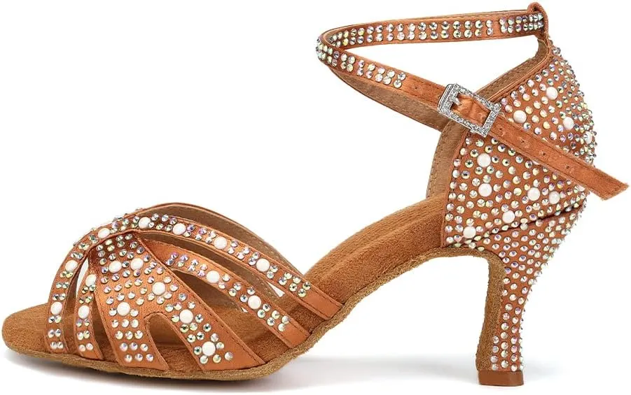 HIPPOSEUS Women's Rhinestone Latin Dance Shoes Open Toe Salsa Bachata Tango Ballroom Practice Perfermence Dance Shoes,Model L506