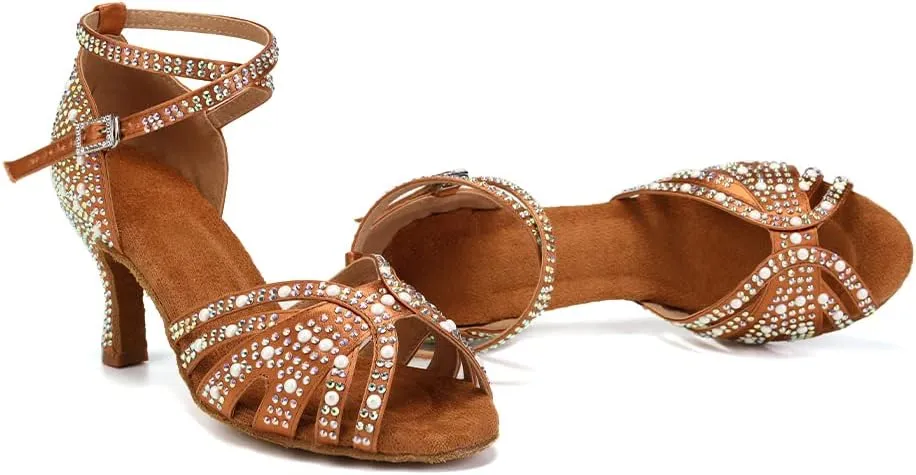 HIPPOSEUS Women's Rhinestone Latin Dance Shoes Open Toe Salsa Bachata Tango Ballroom Practice Perfermence Dance Shoes,Model L506