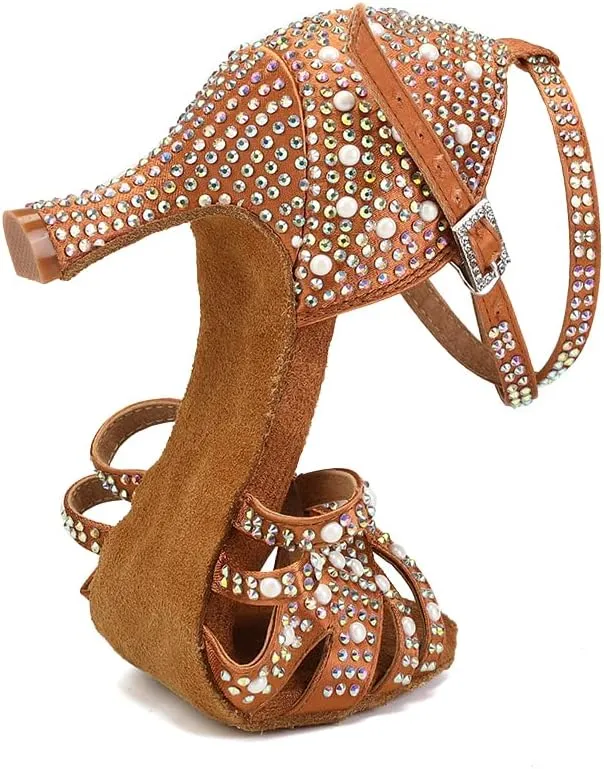HIPPOSEUS Women's Rhinestone Latin Dance Shoes Open Toe Salsa Bachata Tango Ballroom Practice Perfermence Dance Shoes,Model L506