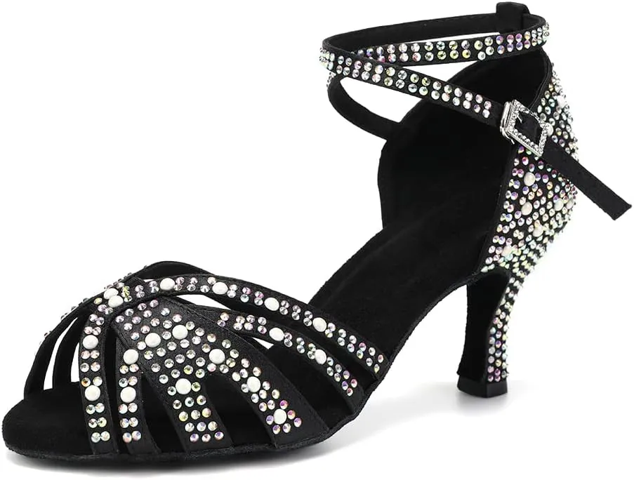 HIPPOSEUS Women's Rhinestone Latin Dance Shoes Open Toe Salsa Bachata Tango Ballroom Practice Perfermence Dance Shoes,Model L506