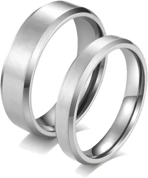 His and Her Rings Wedding Ring Set, Stainless Steel Anniversary Rings for Couple Comfort Fit 4mm 6mm Silver Brushed Ring with Beveled Edge