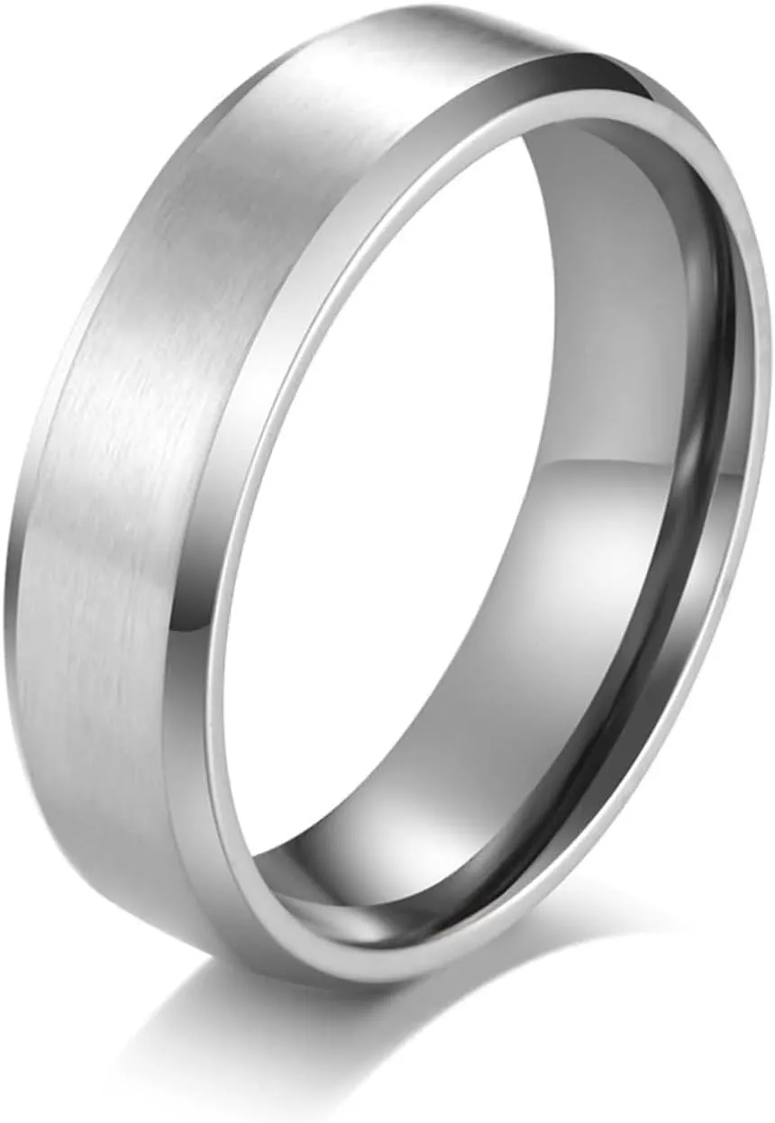 His and Her Rings Wedding Ring Set, Stainless Steel Anniversary Rings for Couple Comfort Fit 4mm 6mm Silver Brushed Ring with Beveled Edge