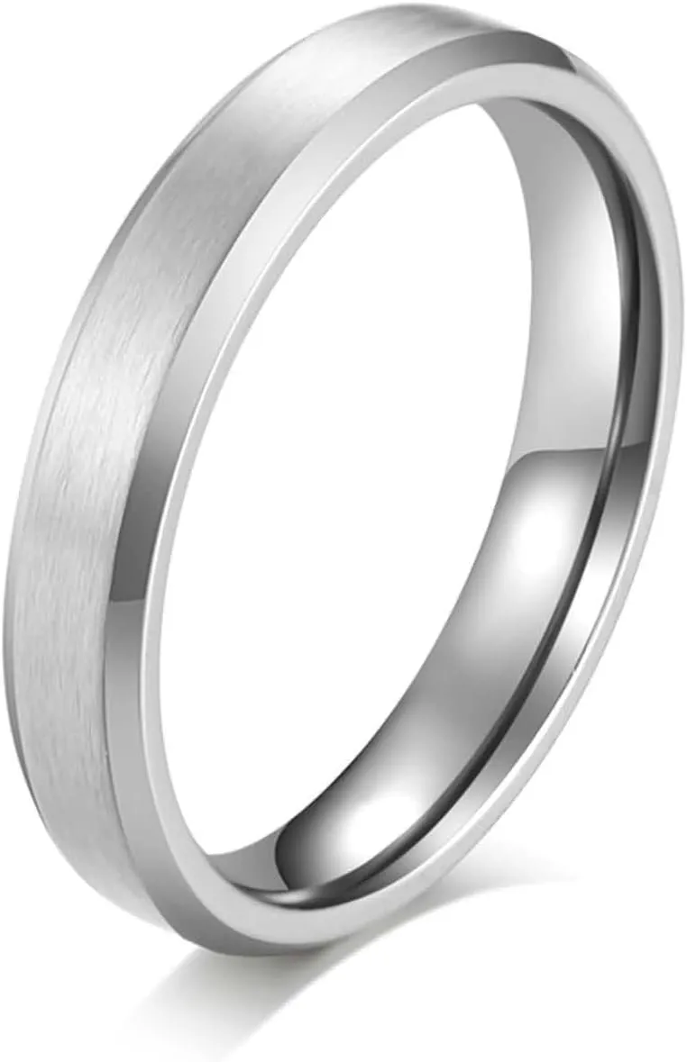 His and Her Rings Wedding Ring Set, Stainless Steel Anniversary Rings for Couple Comfort Fit 4mm 6mm Silver Brushed Ring with Beveled Edge