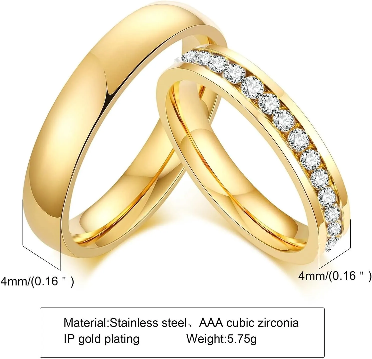 His and Hers Matching Rings Sets, Stainless Steel Couples Wedding Rings Set Comfort Fit 4mm Gold Ring with Cubic Zirconia