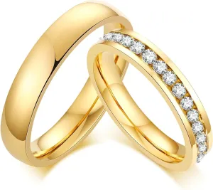 His and Hers Matching Rings Sets, Stainless Steel Couples Wedding Rings Set Comfort Fit 4mm Gold Ring with Cubic Zirconia