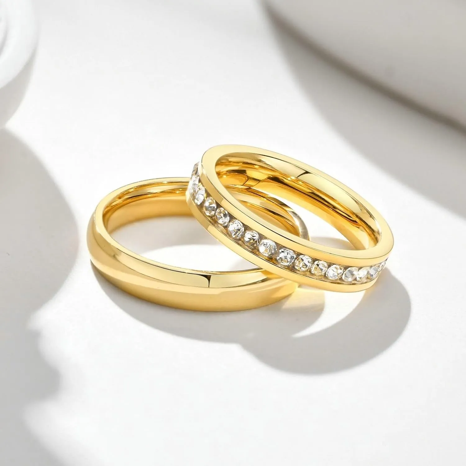 His and Hers Matching Rings Sets, Stainless Steel Couples Wedding Rings Set Comfort Fit 4mm Gold Ring with Cubic Zirconia