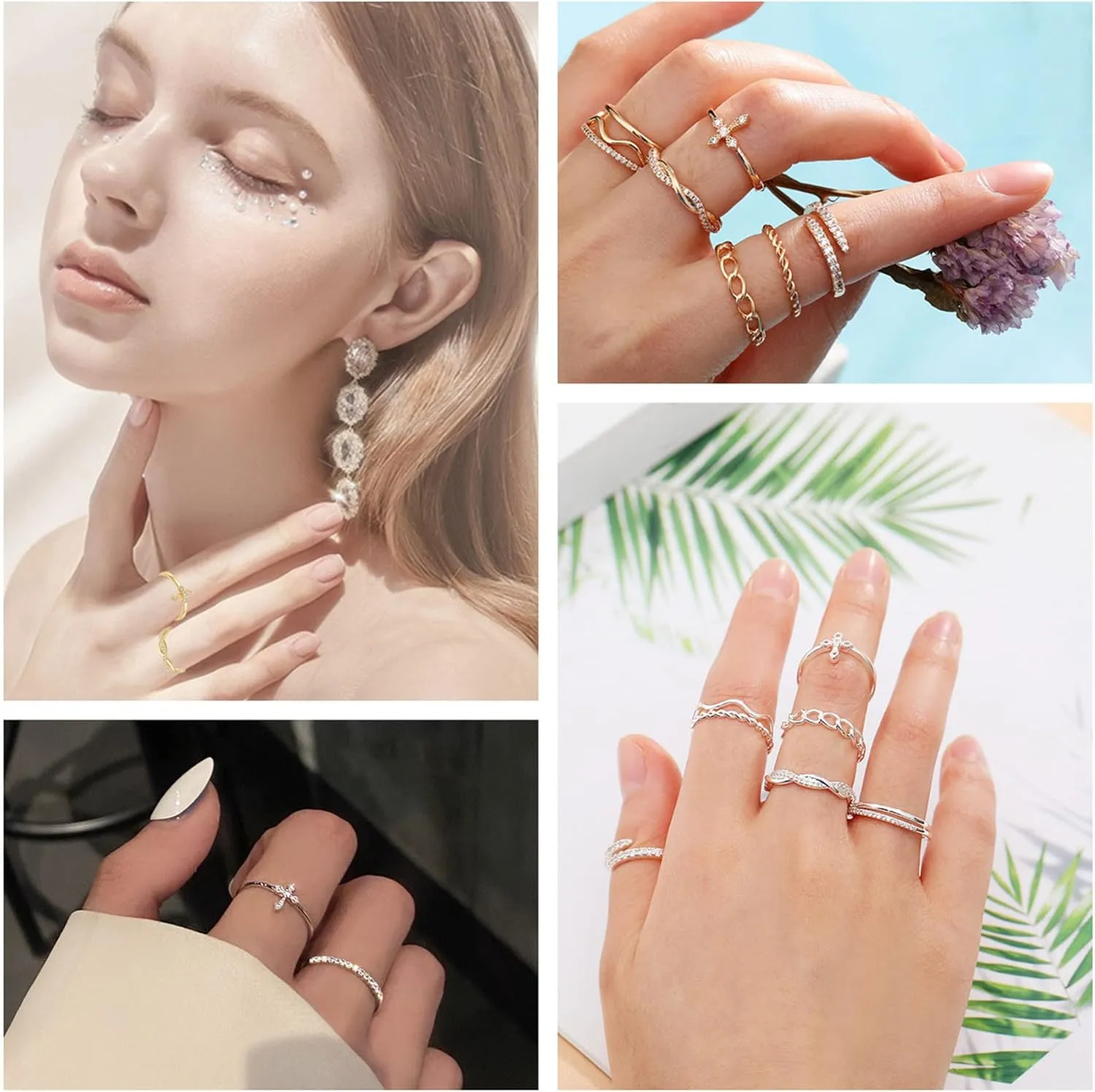Honsny 14K Gold Plated Stacking Rings Set for Women, Stackable Knuckle Thumb Rings Thin Dainty Silver Rings for Women Wedding Eternity Band Simple Rose Gold Ring Size 4-11