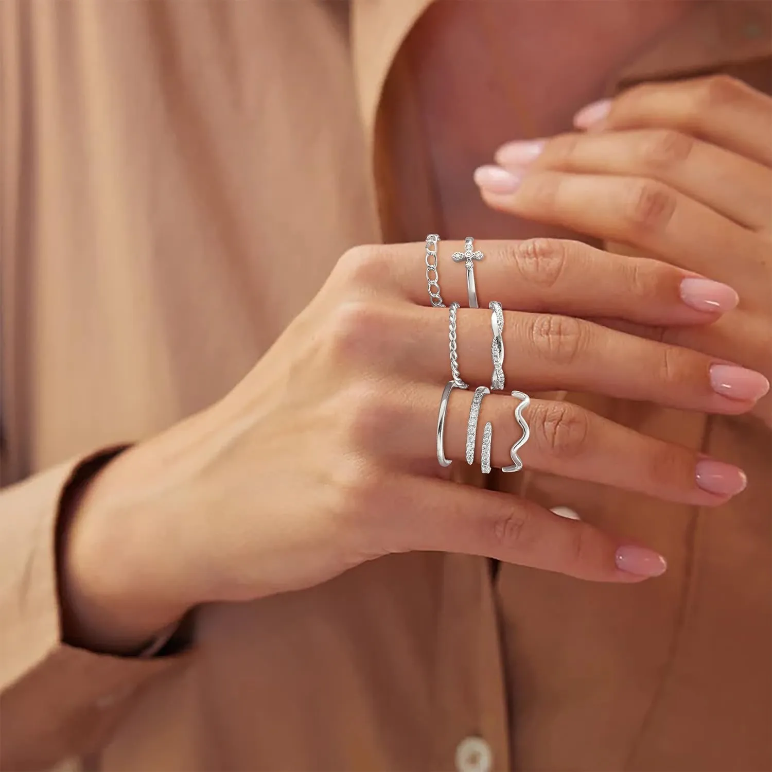 Honsny 14K Gold Plated Stacking Rings Set for Women, Stackable Knuckle Thumb Rings Thin Dainty Silver Rings for Women Wedding Eternity Band Simple Rose Gold Ring Size 4-11