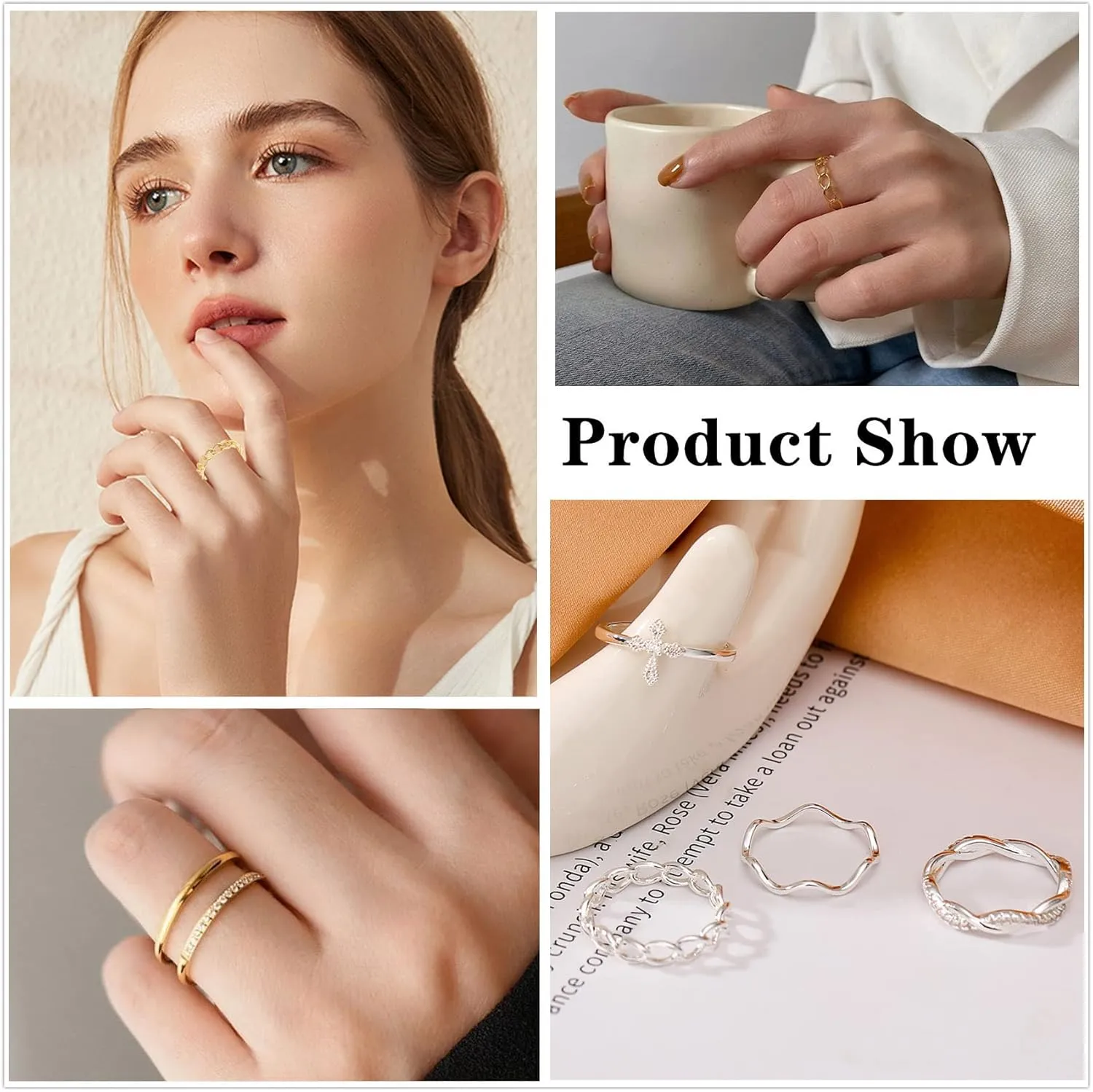 Honsny 14K Gold Plated Stacking Rings Set for Women, Stackable Knuckle Thumb Rings Thin Dainty Silver Rings for Women Wedding Eternity Band Simple Rose Gold Ring Size 4-11