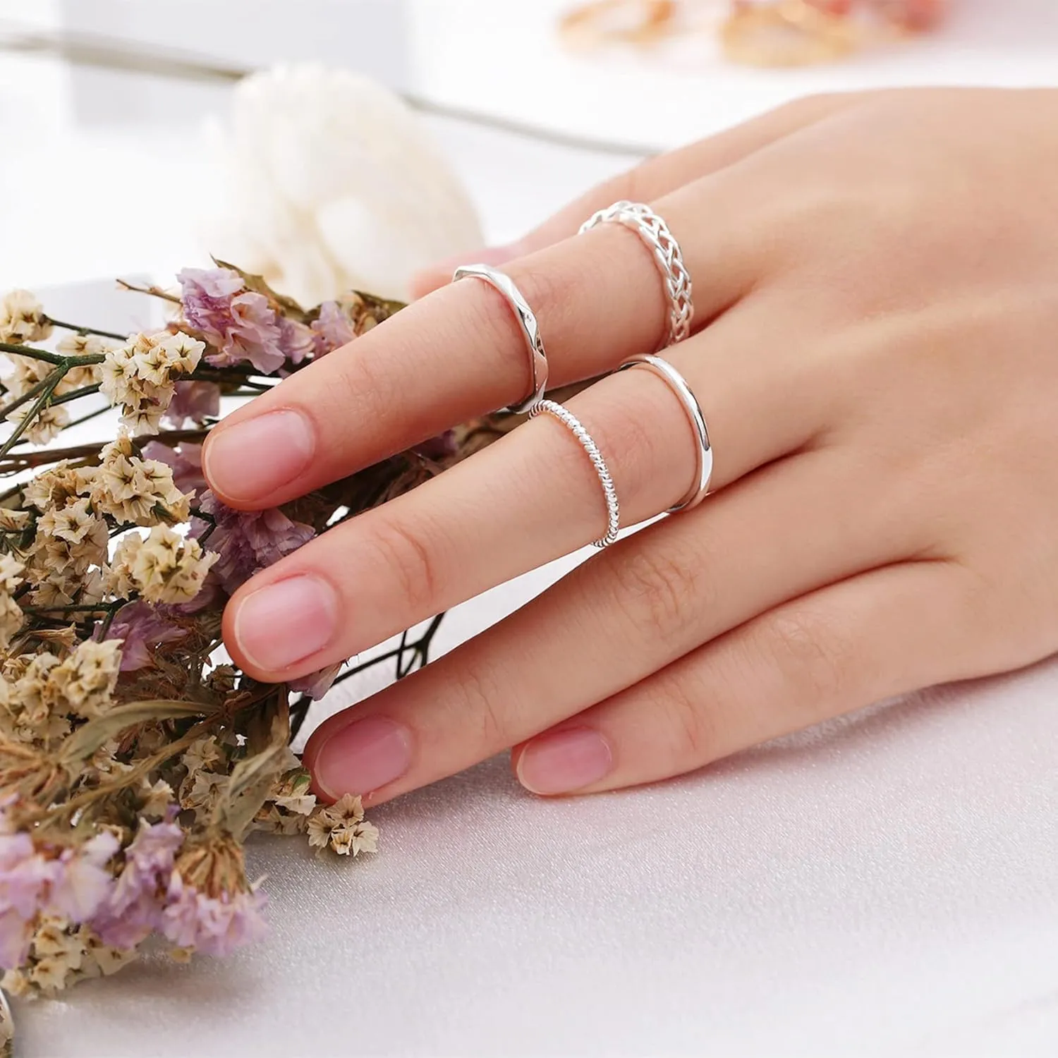 Honsny Rings Stacking Rings for Women Stackable Silver Rings Thin Rose Band Ring Set Simple Midi Thumb Finger Ring Size 4-11