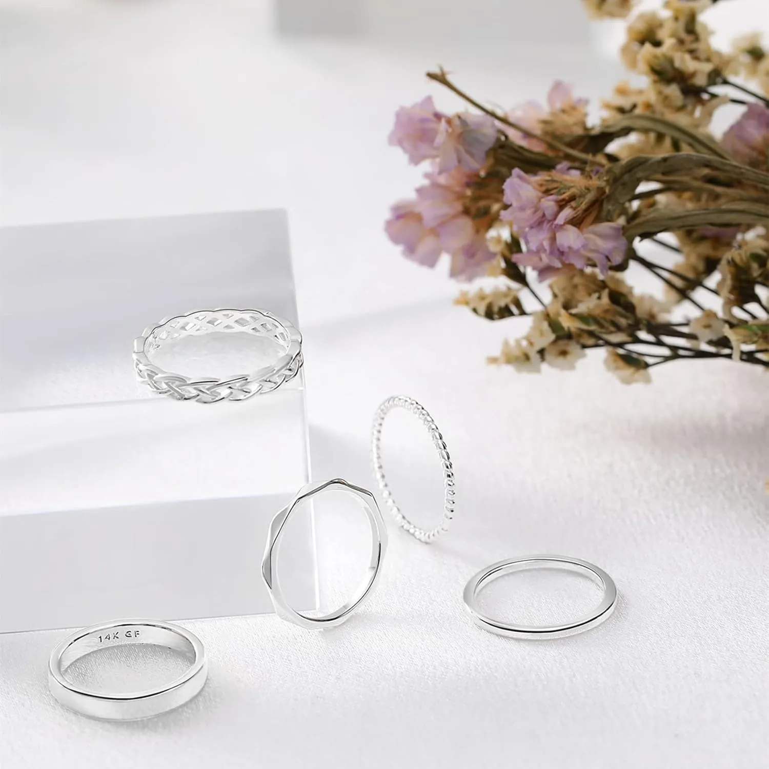 Honsny Rings Stacking Rings for Women Stackable Silver Rings Thin Rose Band Ring Set Simple Midi Thumb Finger Ring Size 4-11