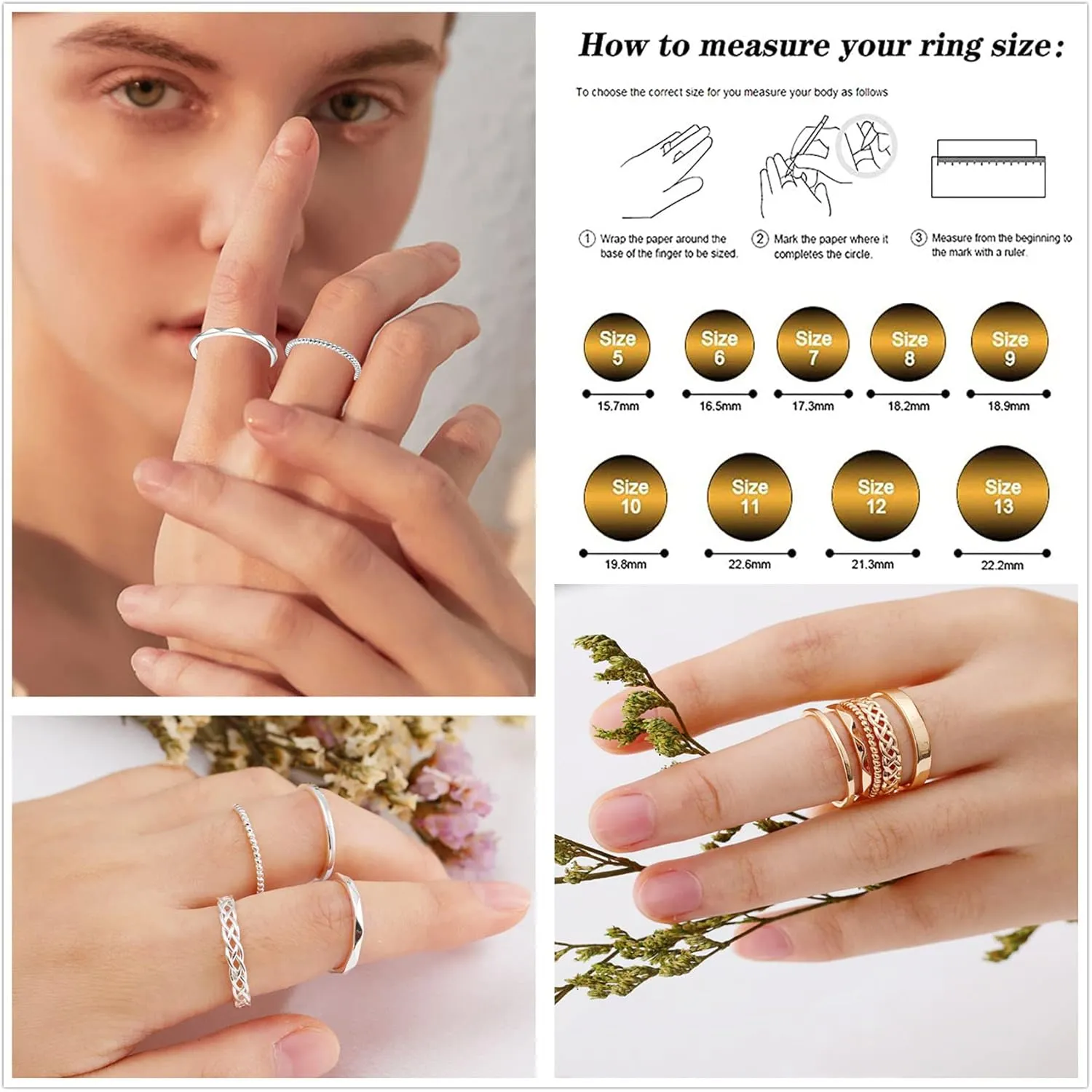 Honsny Rings Stacking Rings for Women Stackable Silver Rings Thin Rose Band Ring Set Simple Midi Thumb Finger Ring Size 4-11