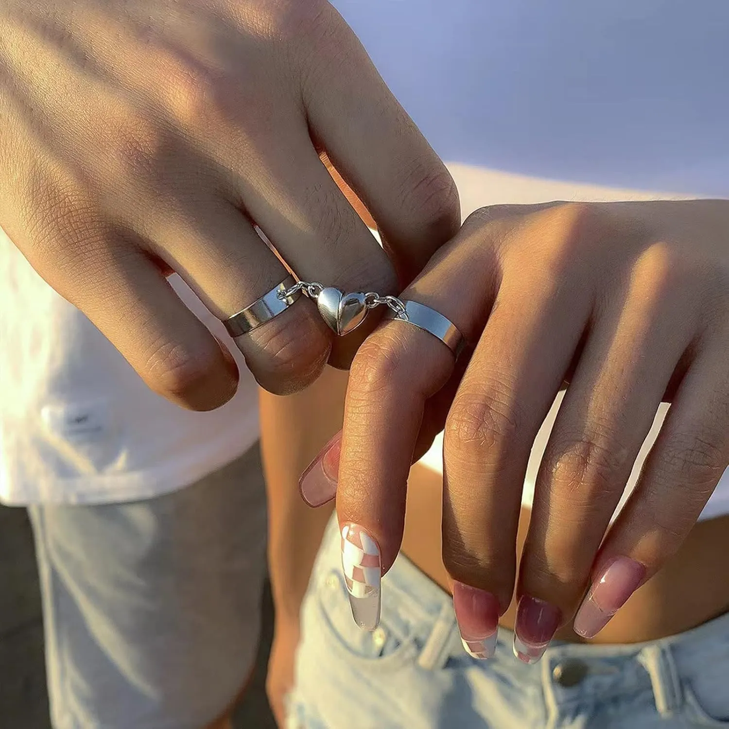 HUASAI Promise Rings for Couples Matching Couple Rings Engagement Rings Non Tarnish for Boyfriend Girlfriend Wedding Bands for Her Open Adjustable Wedding Rings Jewelry Gifts for Couples 2024