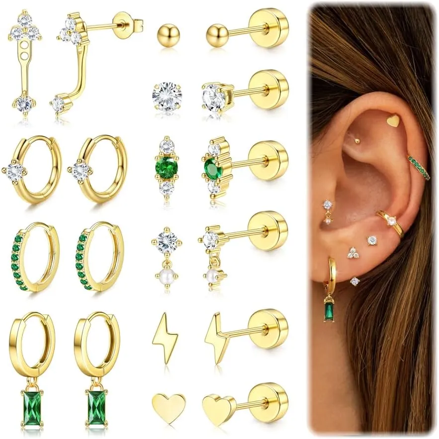 Hypoallergenic Flat Back Earrings Dainty Gold Cartilage Earring Sets for Multiple Piercing 20G Surgical Stainless Steel Earrings for Women Trendy Small Hoop Flatback Stud Earrings Stacks