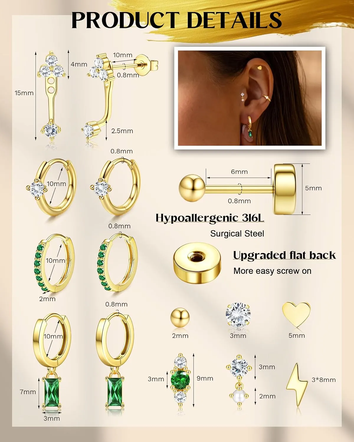 Hypoallergenic Flat Back Earrings Dainty Gold Cartilage Earring Sets for Multiple Piercing 20G Surgical Stainless Steel Earrings for Women Trendy Small Hoop Flatback Stud Earrings Stacks