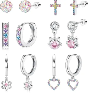Hypoallergenic Screw Back Earrings for Girls - 316L Surgical Steel Stud Huggie Hoop Earrings for Sensitive Ears Cute Heart Butterfly Dangle Earrings Set for Women Multicolored 20G