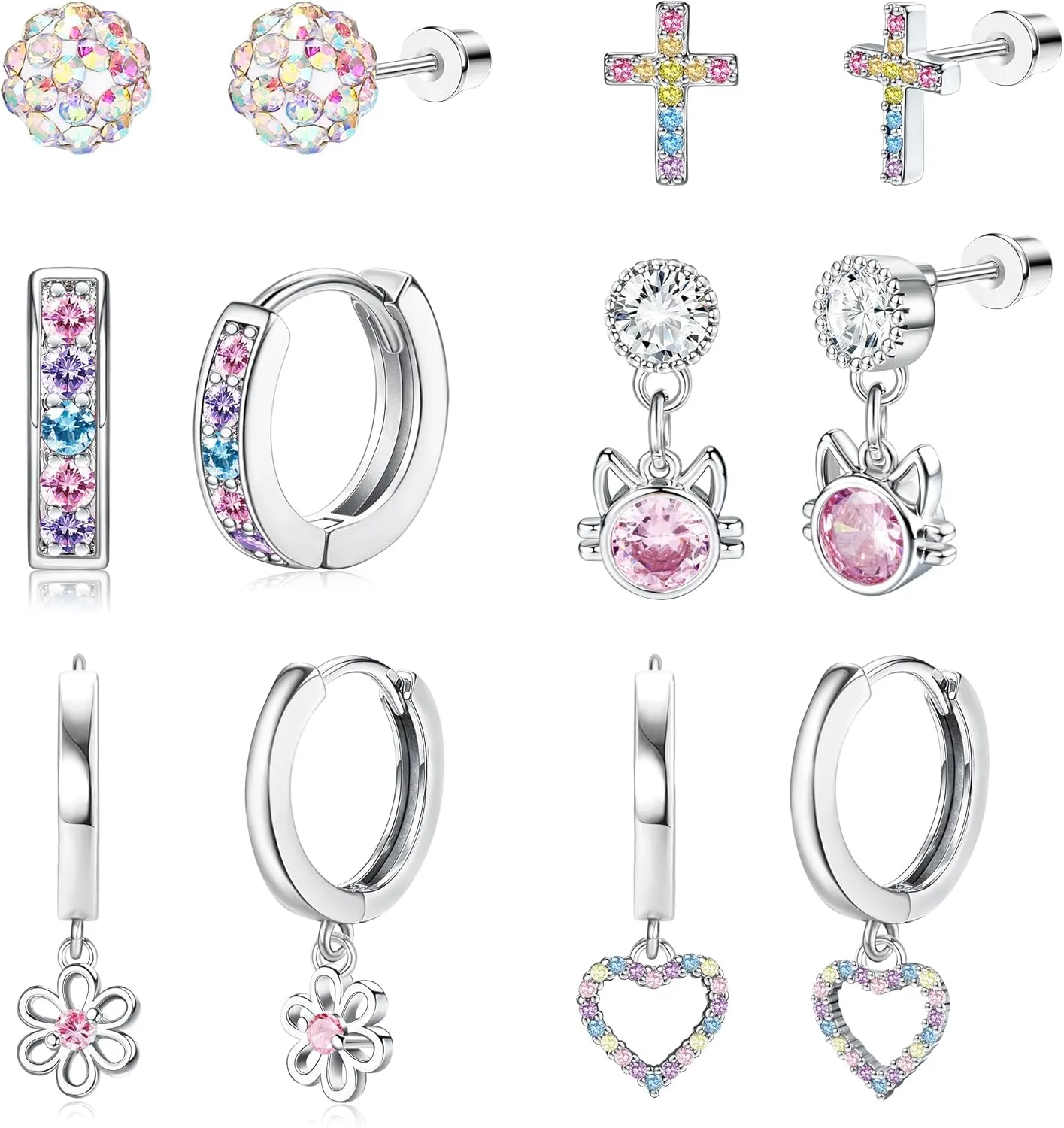 Hypoallergenic Screw Back Earrings for Girls - 316L Surgical Steel Stud Huggie Hoop Earrings for Sensitive Ears Cute Heart Butterfly Dangle Earrings Set for Women Multicolored 20G