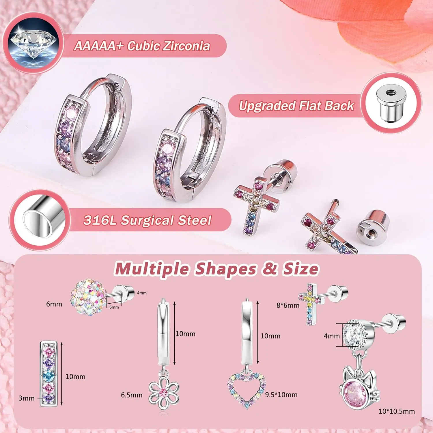 Hypoallergenic Screw Back Earrings for Girls - 316L Surgical Steel Stud Huggie Hoop Earrings for Sensitive Ears Cute Heart Butterfly Dangle Earrings Set for Women Multicolored 20G