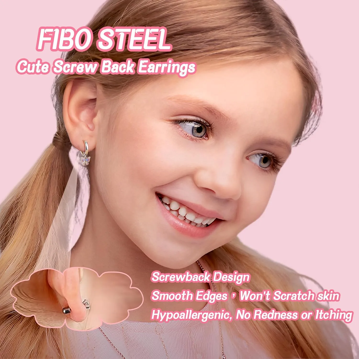 Hypoallergenic Screw Back Earrings for Girls - 316L Surgical Steel Stud Huggie Hoop Earrings for Sensitive Ears Cute Heart Butterfly Dangle Earrings Set for Women Multicolored 20G
