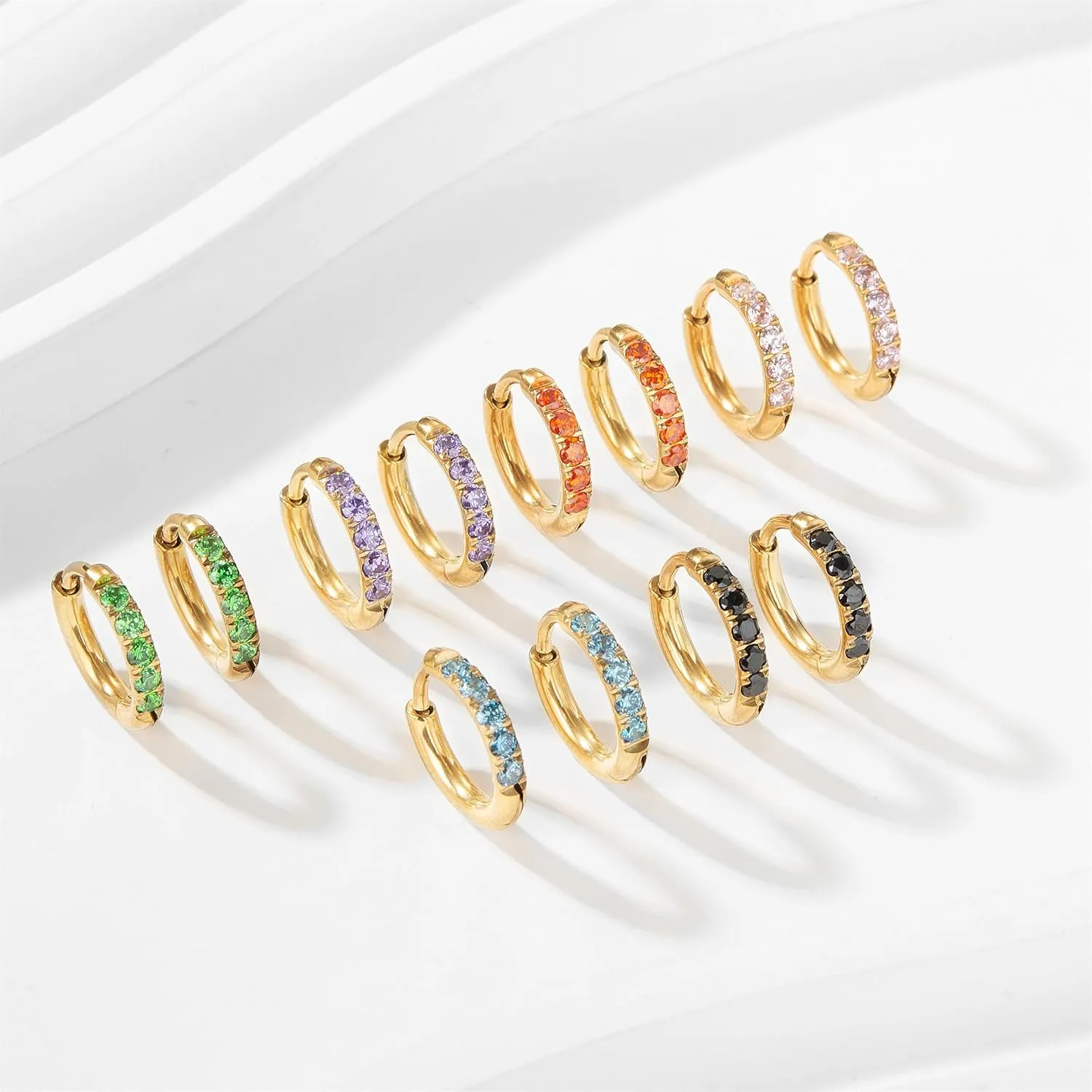 Hypoallergenic Unisex Surgical Steel Small Cubic Zirconia Huggie Hoop Earring, Color Gold - Silver - Rose Gold - Black - Rainbow, Size 6mm- 12mm Safe for Sensitive Ear