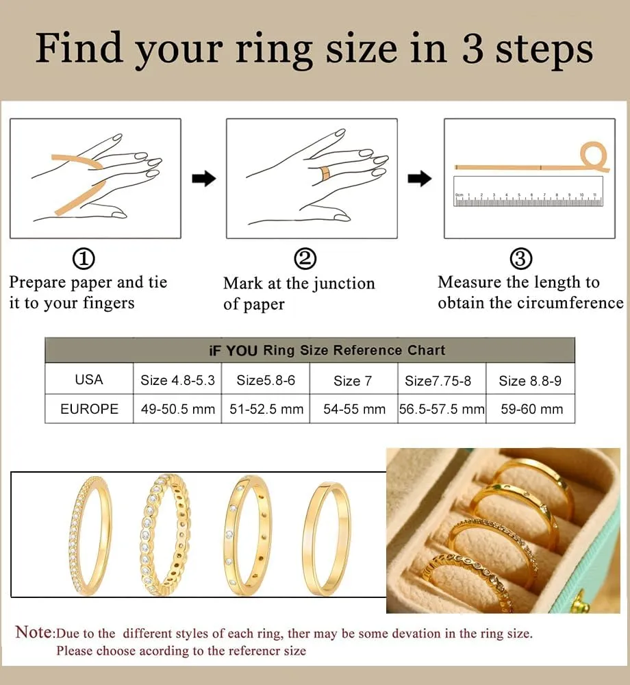 iF YOU Gold Rings for Women Non Tarnish, Trendy 14K Gold Plated Jewelry for Women Dainty Stackable Cubic Zirconia Knuckle Ring Set Statement Chunky Stacking Band Rings Size 5 6 7 8 9