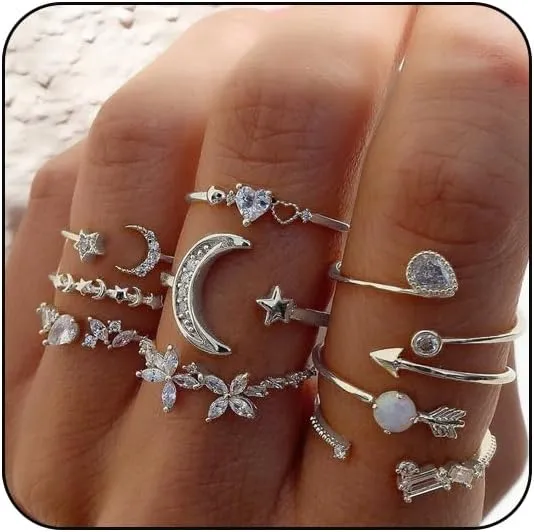 INENIMARTJ Boho Rings for Women Teen Girls,Gold Stacking Rings Set Vintage Knuckle Stackable Moon Star Snake Butterfly Heart Flower Leaf Top Finger Rings