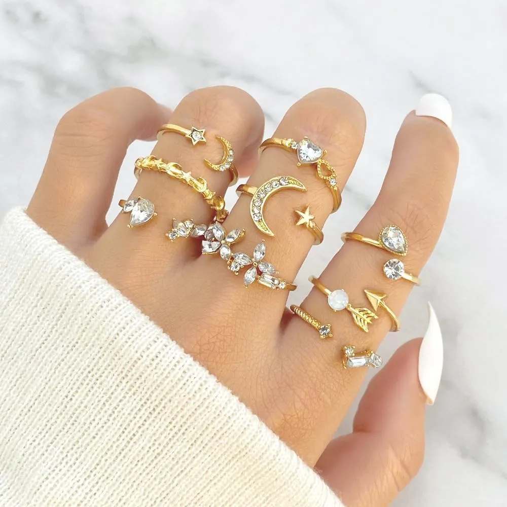 INENIMARTJ Boho Rings for Women Teen Girls,Gold Stacking Rings Set Vintage Knuckle Stackable Moon Star Snake Butterfly Heart Flower Leaf Top Finger Rings