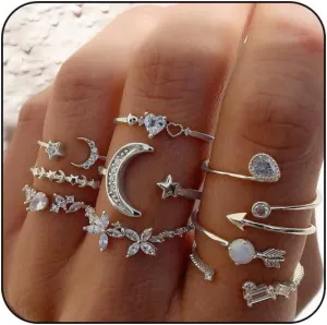 INENIMARTJ Boho Rings for Women Teen Girls,Gold Stacking Rings Set Vintage Knuckle Stackable Moon Star Snake Butterfly Heart Flower Leaf Top Finger Rings