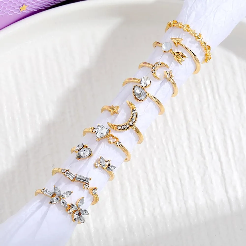 INENIMARTJ Boho Rings for Women Teen Girls,Gold Stacking Rings Set Vintage Knuckle Stackable Moon Star Snake Butterfly Heart Flower Leaf Top Finger Rings