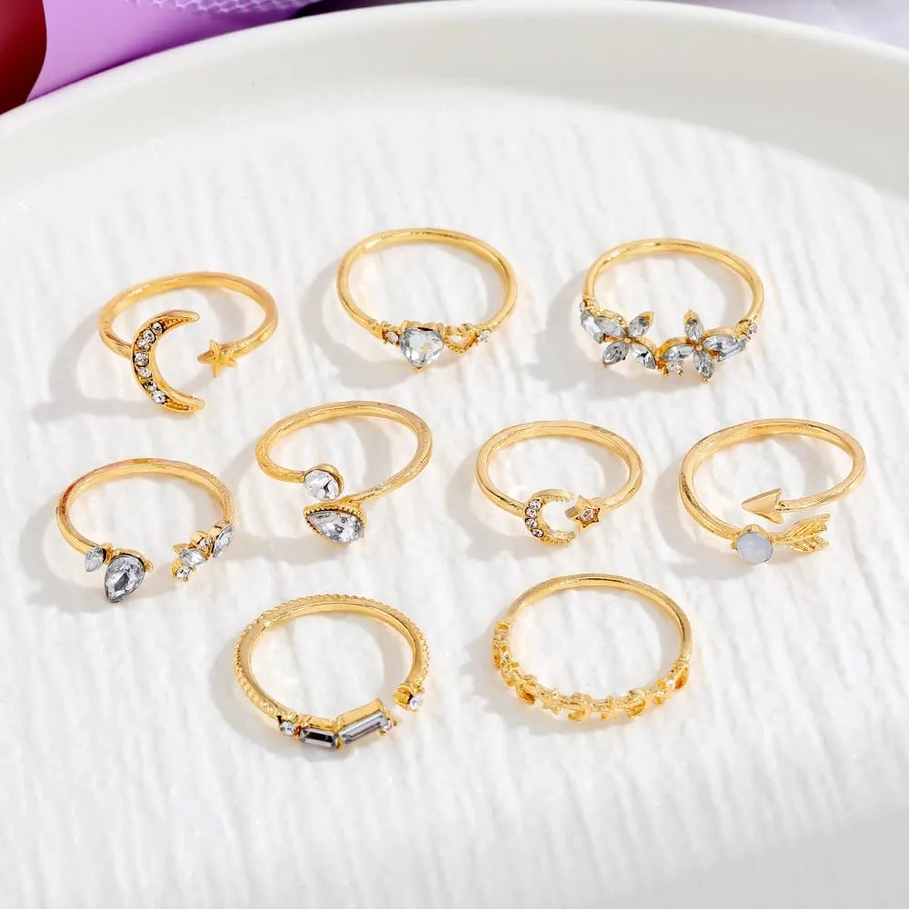 INENIMARTJ Boho Rings for Women Teen Girls,Gold Stacking Rings Set Vintage Knuckle Stackable Moon Star Snake Butterfly Heart Flower Leaf Top Finger Rings