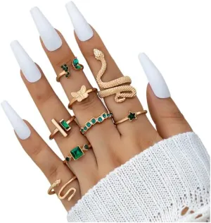 INENIMARTJ Snake Rings for Women,Gold Snake Knuckle Rings Boho Crystal Heart Stacking Finger Rings Set Vintage Snake Jewelry (GB)