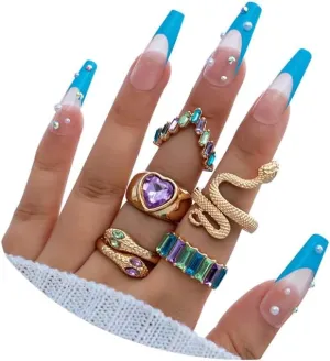 INENIMARTJ Snake Rings for Women,Gold Snake Knuckle Rings Boho Crystal Heart Stacking Finger Rings Set Vintage Snake Jewelry (Suit)