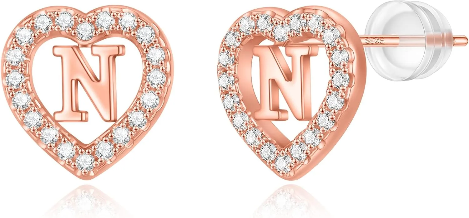 Initial Heart Earrings for Girls, Sterling Silver Post Silver/Rose Gold Heart Initial Stud Earrings for Little Girls Kids Baby Earrings Non Tarnish Hypoallergenic Earrings for Teen Girls Gifts Jewelry