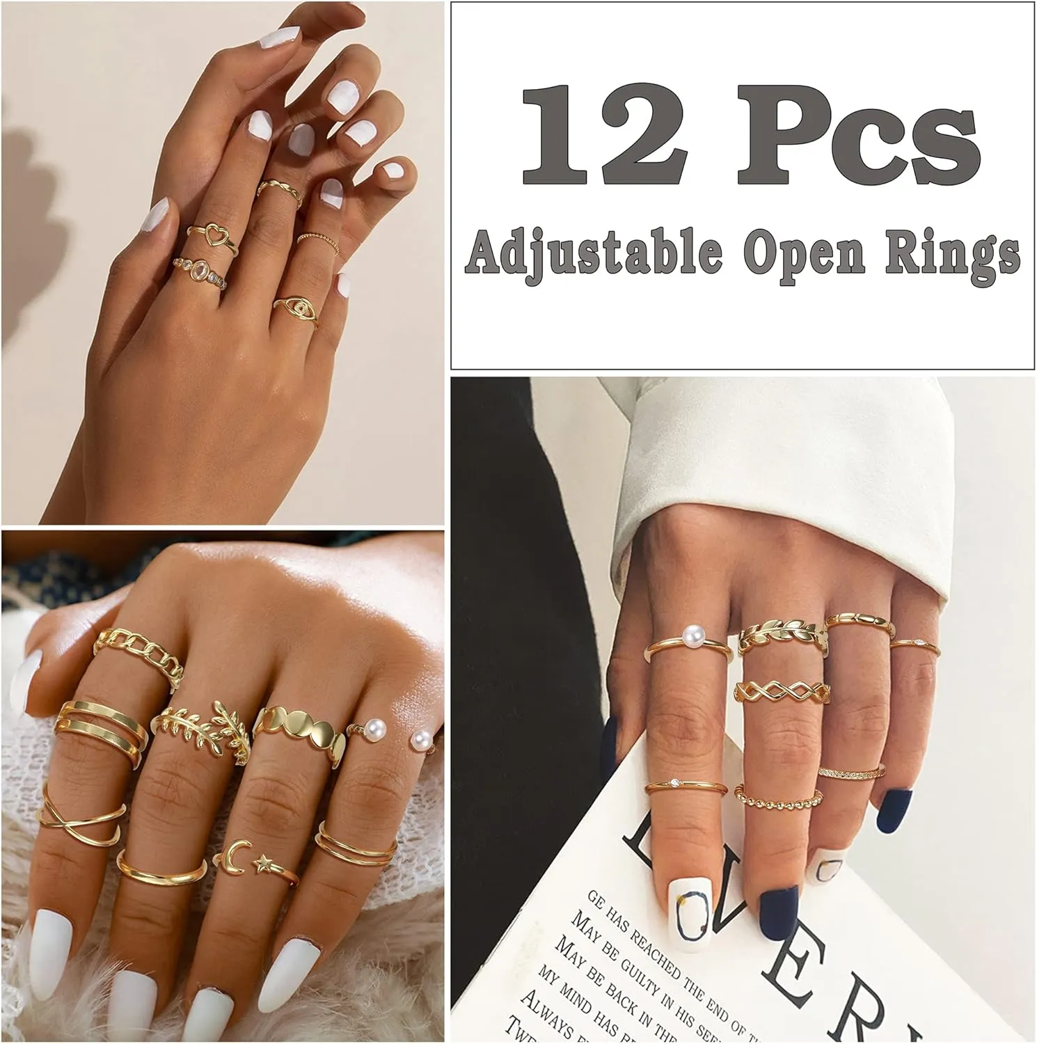 IRONBOX 12 Pcs Adjustable Knuckle Rings for Women 14K Gold Plated Stacking Rings Pack Wave Star Moon Dainty Thumb Open Rings Set