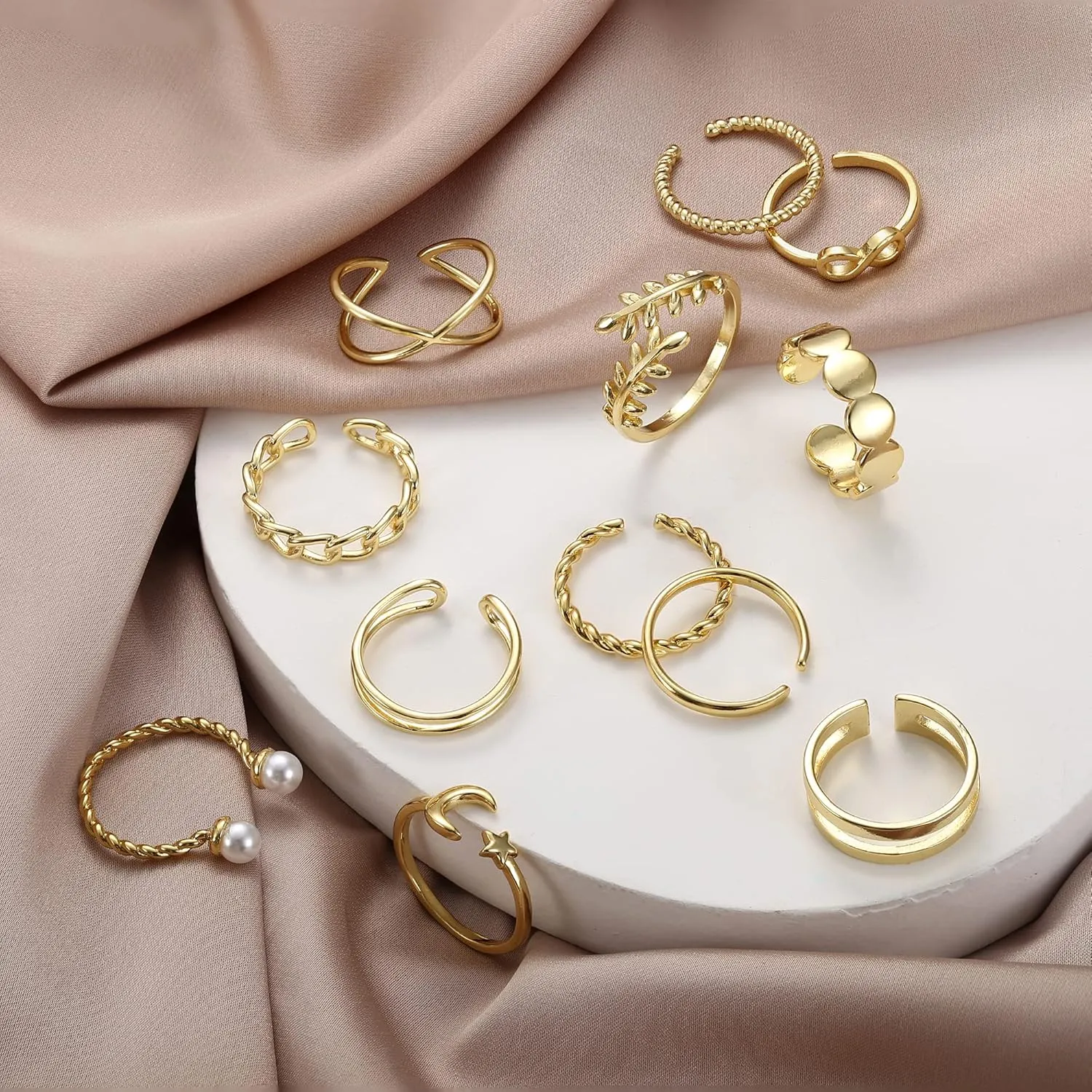 IRONBOX 12 Pcs Adjustable Knuckle Rings for Women 14K Gold Plated Stacking Rings Pack Wave Star Moon Dainty Thumb Open Rings Set