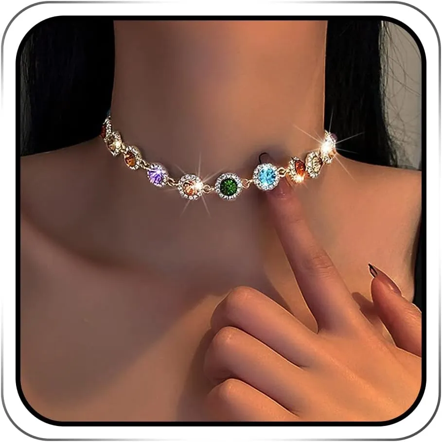 JEAIRTS Multi-color Rhinestone Choker Necklace Sparky Crystal Chokers Glitter Party Prom Necklace Chain Jewelry for Women