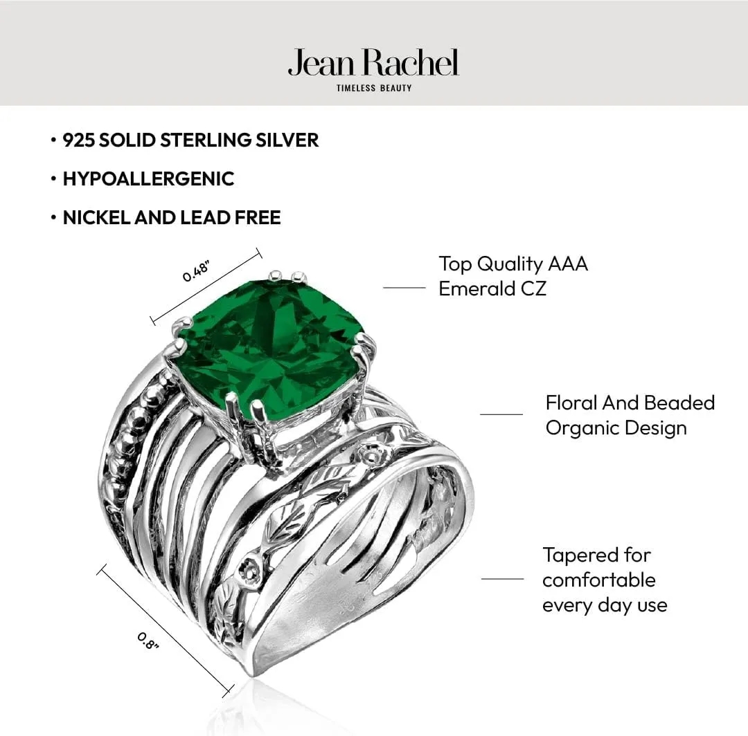 JEAN RACHEL JEWELRY 925 Sterling Silver Ring with 12mm Cushion Shaped Cubic Zirconia Vintage Design - Hypoallergenic, Lead & Nickel Free - Artisan Handcrafted Statement Rings for Women